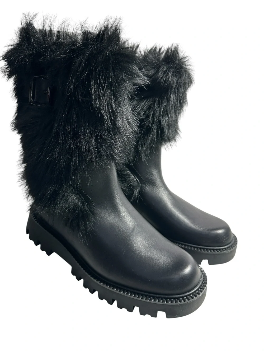 Franco Sarto Brina Black Leather Faux Fur Lug Sole Boots. 6.5M